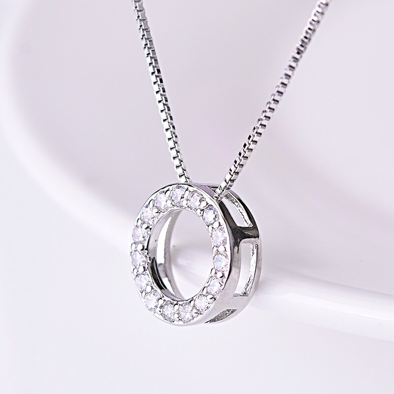 Rhinestone 925 Sterling Silver Round Shaped Pendant Necklace