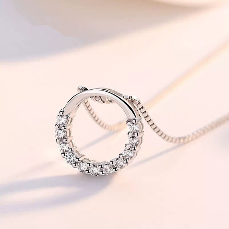Rhinestone 925 Sterling Silver Round Shaped Pendant Necklace