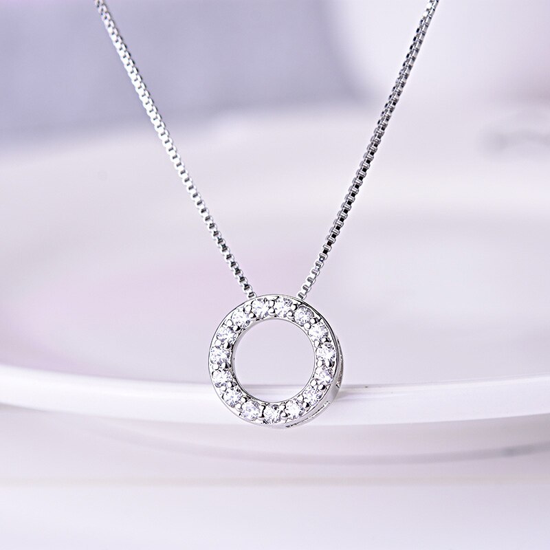 Rhinestone 925 Sterling Silver Round Shaped Pendant Necklace