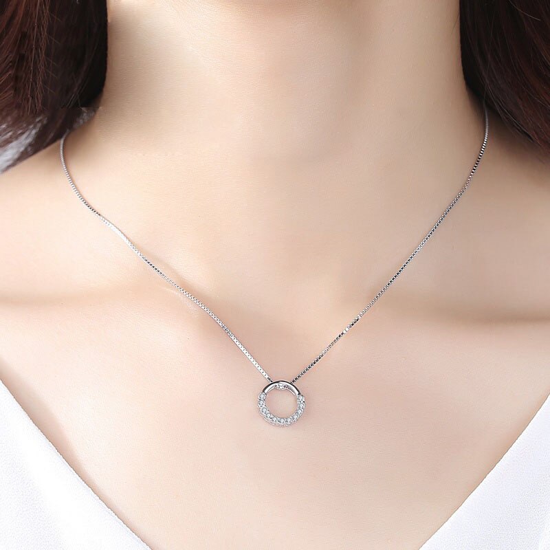Rhinestone 925 Sterling Silver Round Shaped Pendant Necklace